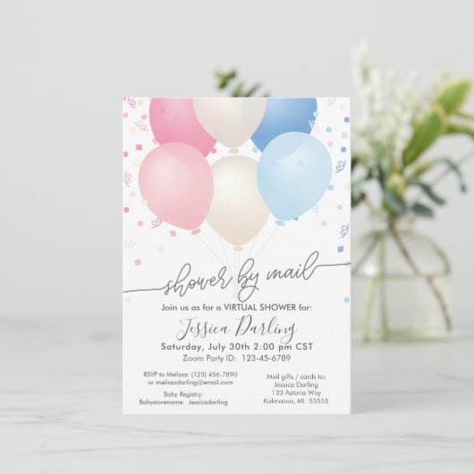 Shower by Mail Pink and Blue Balloons and Confetti Kaart (Staand voorkant)
