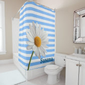 Shower Curtain Blue en White Stripe White Daisy Douchegordijn (In situ)