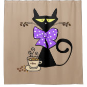 Shower Curtain Cat Paarse Bow Coffee Beige Douchegordijn (Voorkant)