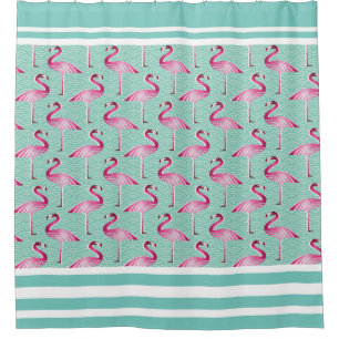 Shower Curtain/Flamingos-Green en White Stripes Douchegordijn