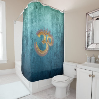 Shower Curtain gold blue damask yoga symbol om Douchegordijn