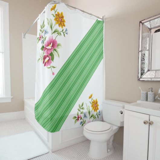 Shower Curtain Green Stripe Floral Douchegordijn (In situ)