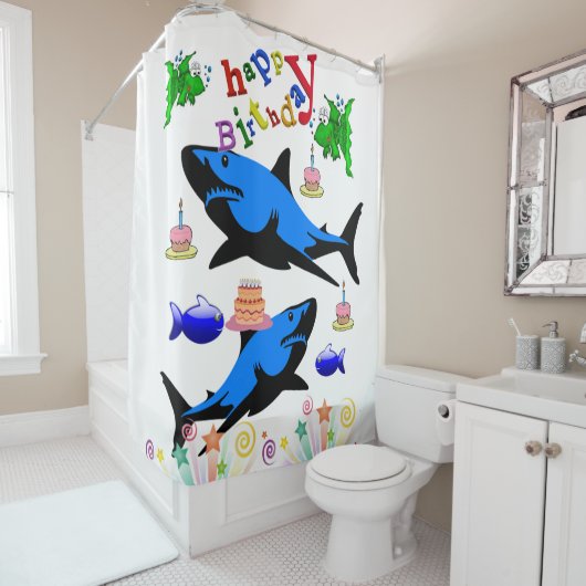 Shower Curtain Happy Birthday Shark Douchegordijn (In situ)