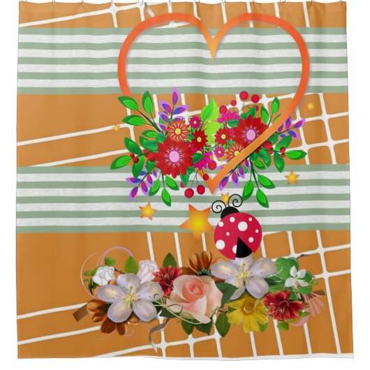 Shower Curtain Ladybug Floral Stripe Douchegordijn (Voorkant)
