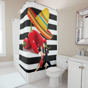 Shower Curtain Mexican Dancers Black Stripe Douchegordijn