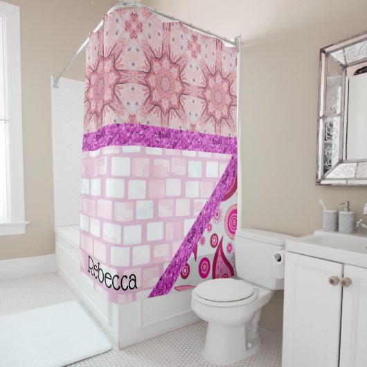 Shower Curtain Pink Brick Paars Glitter Douchegordijn (In situ)