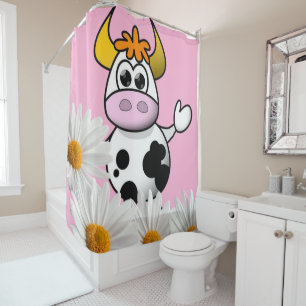 Shower Curtain Pink Koe White Daisy Douchegordijn