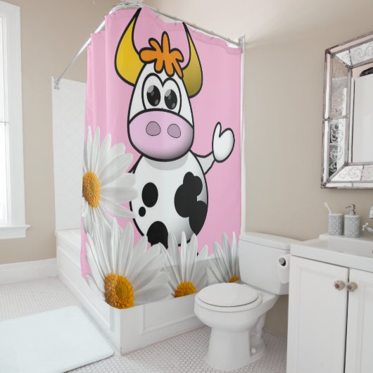 Shower Curtain Pink Koe White Daisy Douchegordijn (In situ)