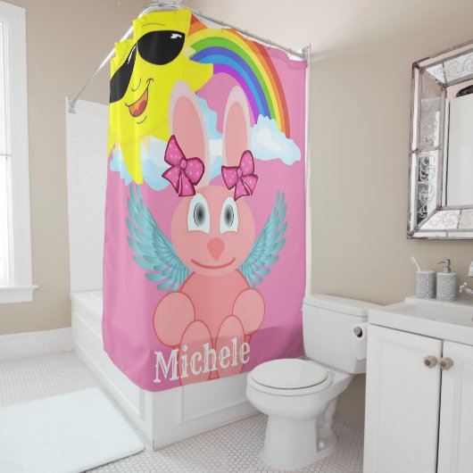Shower Curtain Pink Rabbit Rainbow Sun Douchegordijn (In situ)
