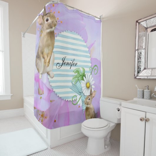 Shower Curtain Rabbit Floral Stripe Douchegordijn (In situ)