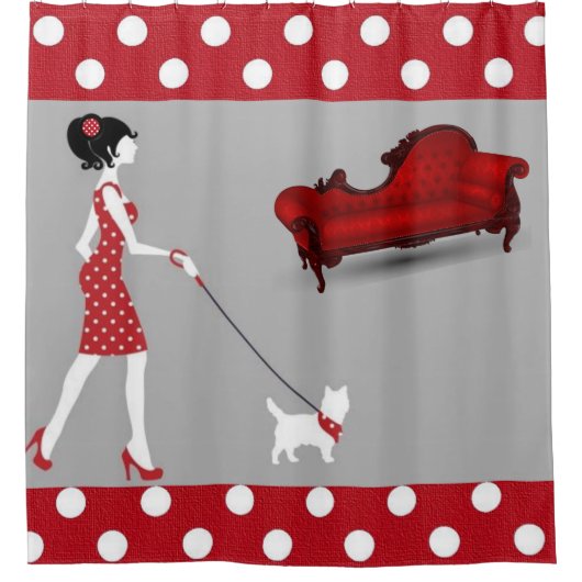 Shower Curtain Red Polkadot Paris Frankrijk Douchegordijn (Voorkant)