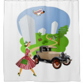 Shower Curtain Retro Woman Dog Airplane Douchegordijn (Voorkant)