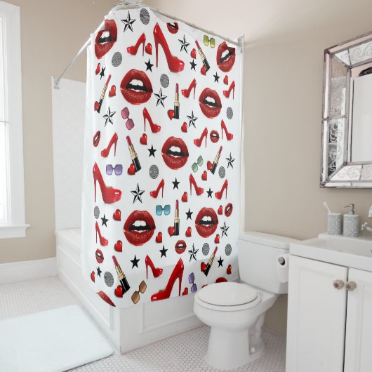 Shower Curtain White Red Lipstick Heels Douchegordijn (In situ)