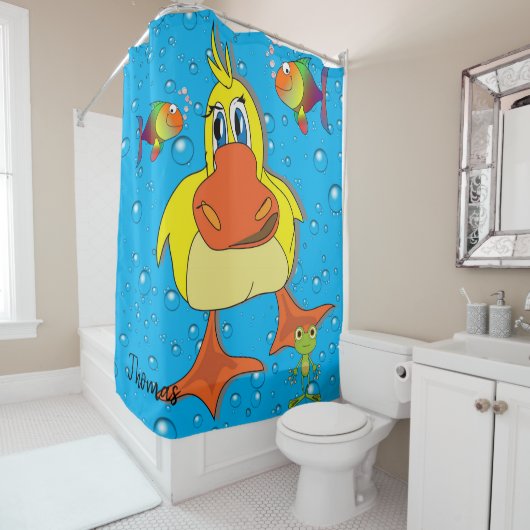 Shower Curtain Yellow Chick Bubbles Fish Douchegordijn (In situ)