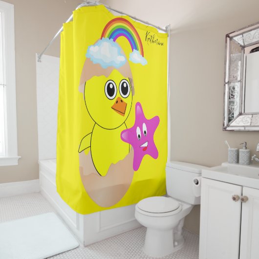 Shower Curtain Yellow Chick Rainbow Douchegordijn (In situ)