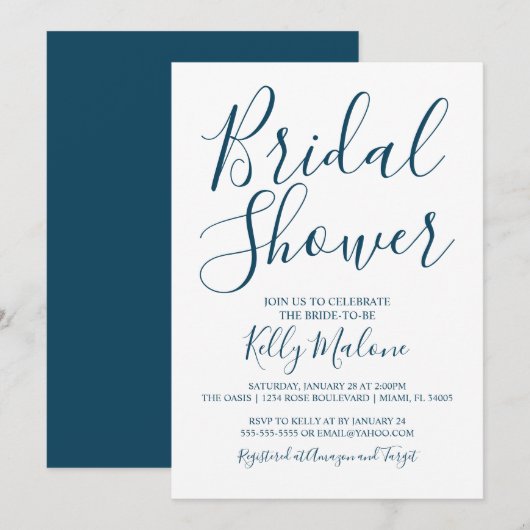 Shower Invitation Navy and White Script Bridal Kaart (Voorkant / Achterkant)