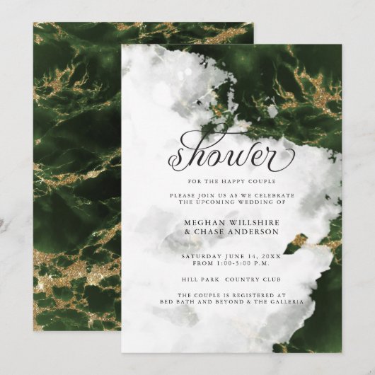 Shower Invite | Emerald Green Waterverf Geode Kaart (Voorkant / Achterkant)
