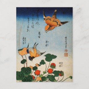Shrike, Jay, Saxifrage en aardbei (van Hokusai) Briefkaart