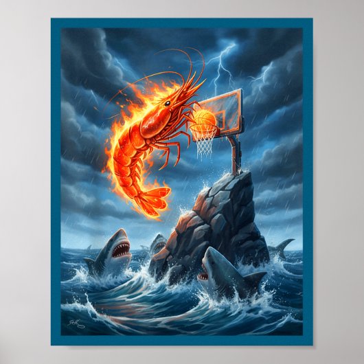 Shrimp Dunking On Shark Funny Fishing Meme Basketb Poster (Voorkant)