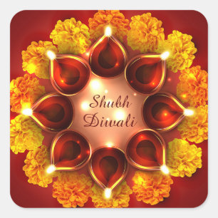 Shubh Diwali Merigold Gold Diya Festival van het L Vierkante Sticker