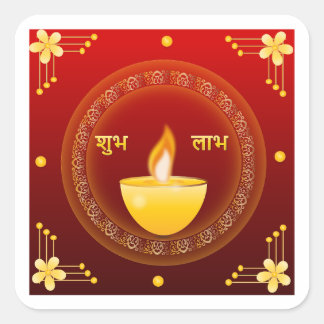 Shubh Labh Diwali Gouden Diya Rode Traditionele Vierkante Sticker