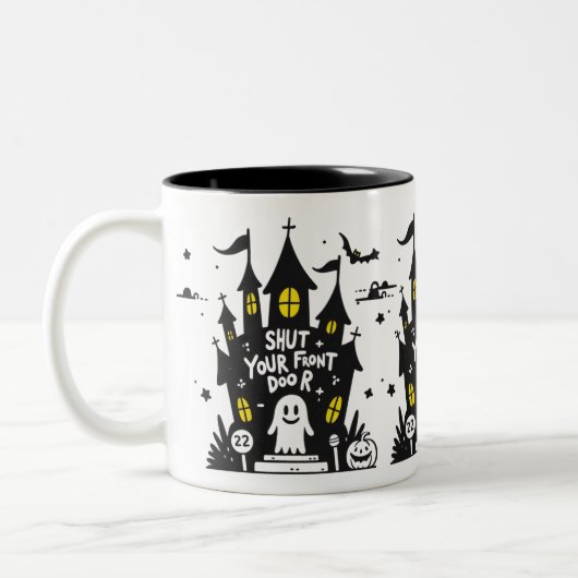 Shut Your Front Door Mug – Haunted House Ghost (Gauche)