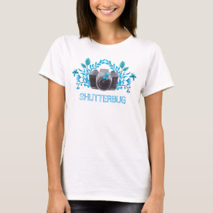 Shutterbug camera met blauwe bladeren en vlinders t-shirt