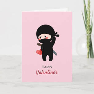 Shy Blushing Ninja Holding Origami Paper Heart Feestdagen Kaart