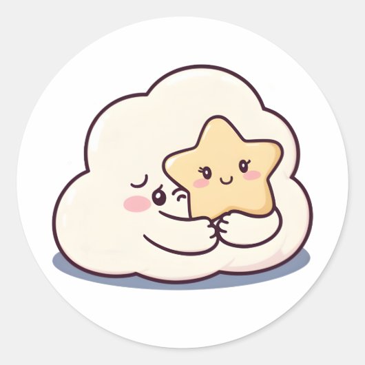 Shy Cloud Knuffelen Een Ster - Dromerige Schattige Ronde Sticker (Voorkant)