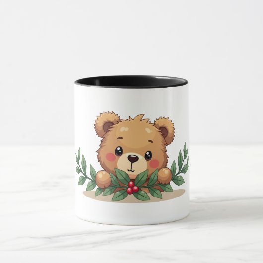 Shy Kawaii Teddy Bear Mistletoe Christmas Mok (Midden)