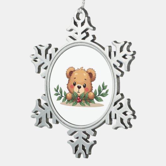 Shy Kawaii Teddy Bear Mistletoe Christmas Tin Sneeuwvlok Ornament (Rechts)