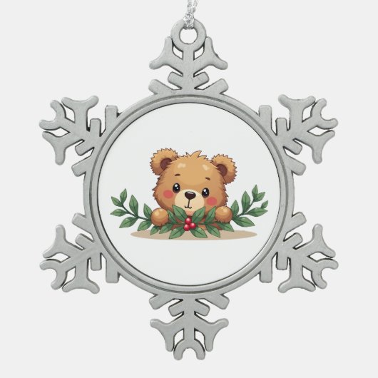 Shy Kawaii Teddy Bear Mistletoe Christmas Tin Sneeuwvlok Ornament (Voorkant)