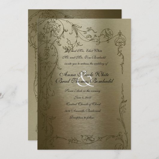 Shy Unicorn Gold Metallic Faire-part de mariage (Devant / Derrière)