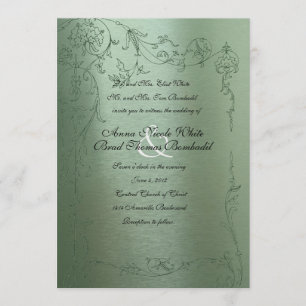 Shy Unicorn Green Metallic Wedding Invitation Kaart