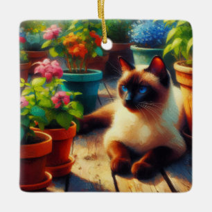 Siamees kat in de tuin olieverfschilderij keramisch ornament
