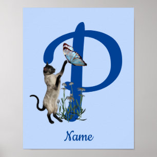 Siamees Kat Vlinder Monogram Eerste Letter P Naam Poster