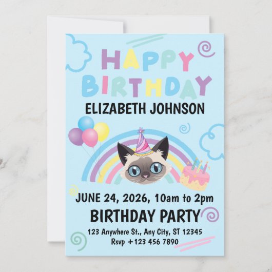 Siamese Cat Birthday Invitation in Blue (Devant)