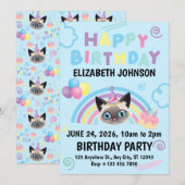 Siamese Cat Birthday Invitation in Blue (Devant / Derrière)