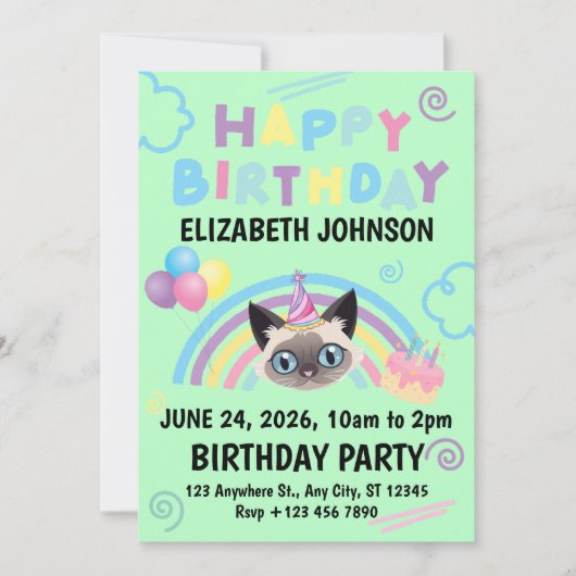 Siamese Cat Birthday Invitation in Green (Devant)