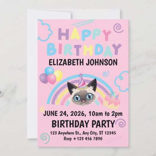 Siamese Cat Birthday Invitation in Pink (Devant)