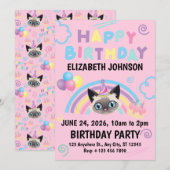 Siamese Cat Birthday Invitation in Pink (Devant / Derrière)
