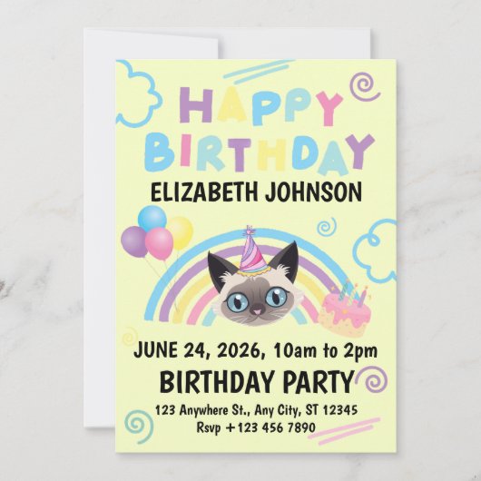 Siamese Cat Birthday Invitation in Yellow (Devant)
