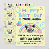 Siamese Cat Birthday Invitation in Yellow (Devant / Derrière)