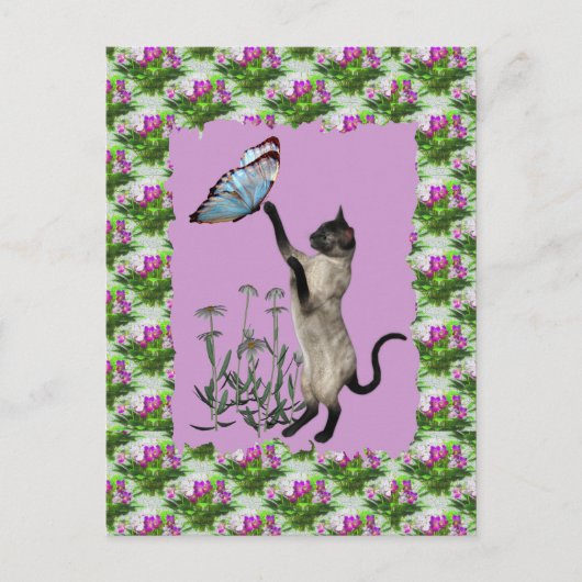 Siamese Cat Blue Butterfly Daisies Briefkaart (Voorkant)