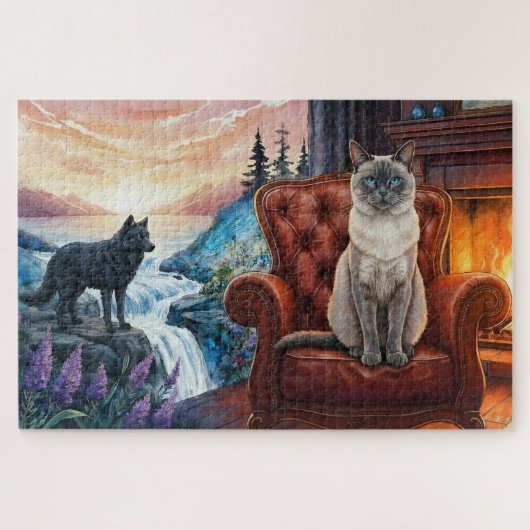Siamese cat by Fireplace, wolf Mural Legpuzzel (Horizontaal)