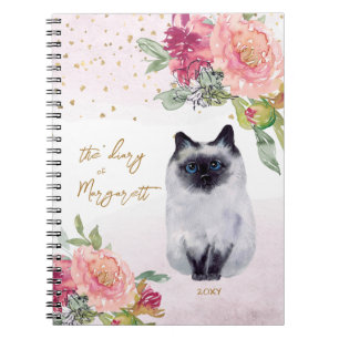 Siamese Cat Illustration Flowers Girl Daily Diary Notitieboek