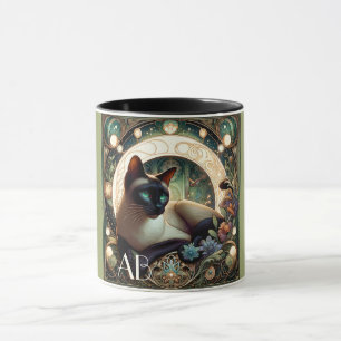 Siamese Kat Bloemen Groene Art Nouveau Mok
