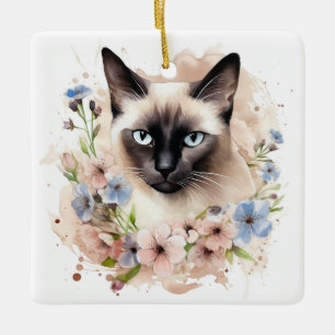 Siamese kat en bloemen Waterverf Keramisch Ornament