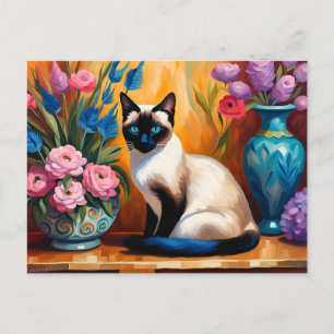 Siamese Kat En Boeketten in Vazen aquarel Briefkaart
