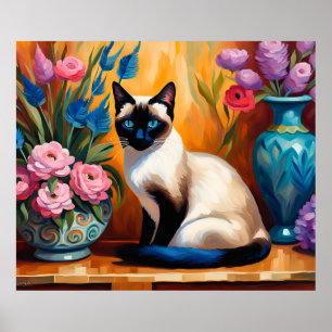 Siamese kat en boeketten in vazen waterverf poster